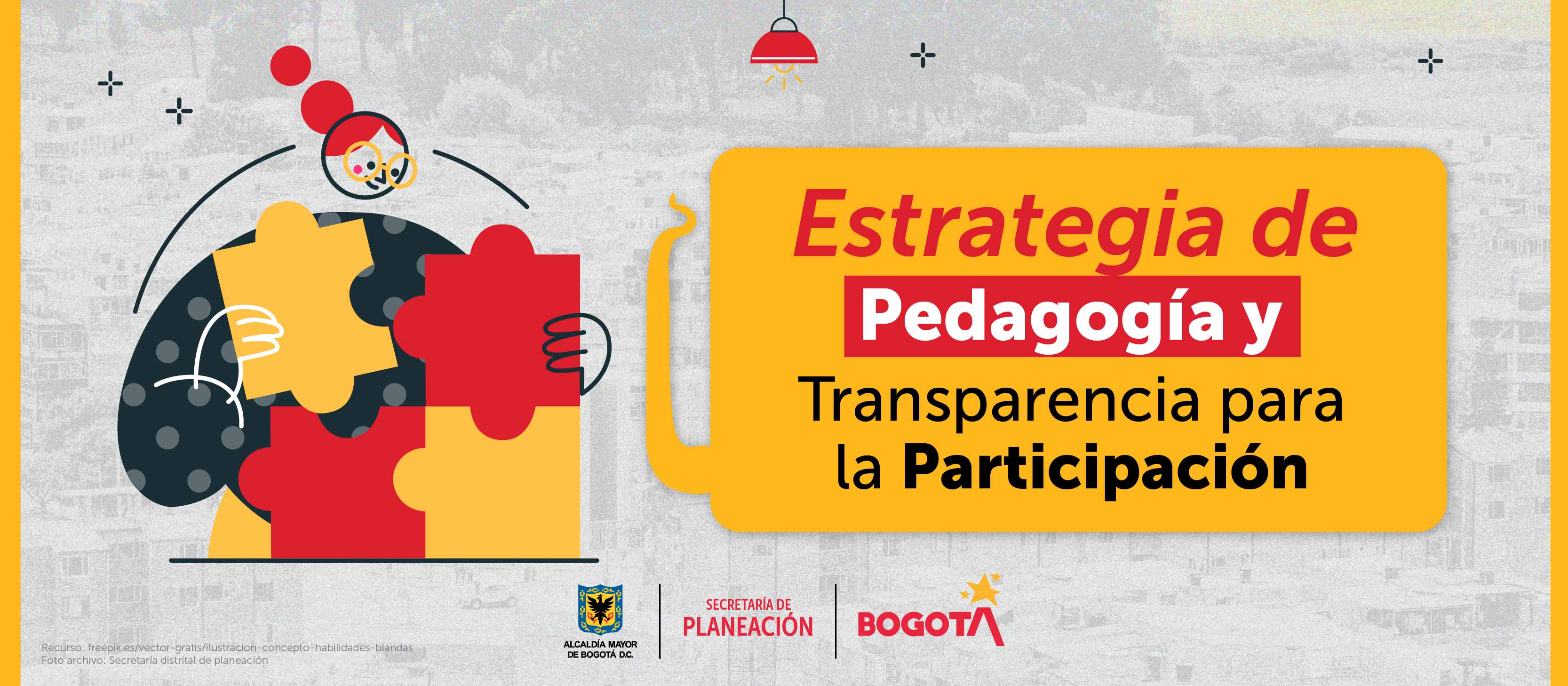 Banner Estrategia de Pedagogía y Transparencia para la Participación, persona armando rompecabezas