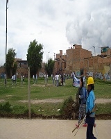 Imagen de una zona verde central con árboles, rodeado de viviendas. 