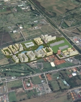 Imagen del planteamiento urbanístico del plan parcial El Otoño, donde se evidencia amplias zonas verdes que conectan con el desarrollo urbano, el cual presenta zonas residenciales y comerciales. 