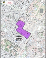 Imagen satelital donde se evidencia la delimitación y localización del ámbito del PPRU Centro San Bernardo
