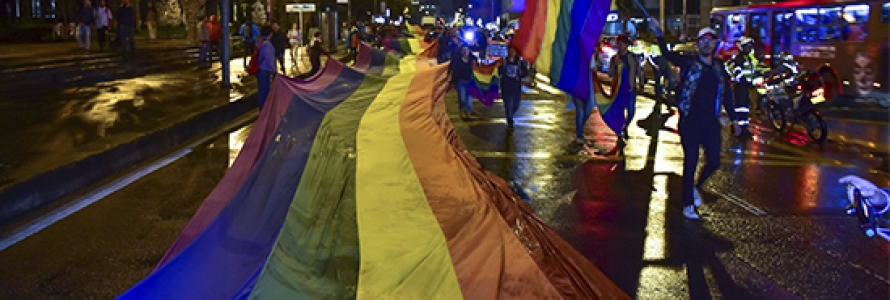 Gran bandera LGBTI extendida por varias personas en más de una cuadra de la calle
