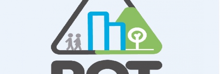 Banner POT gráfica de un triángulo con un dibujo de una pareja caminando hacia un par de edificios y un posque 