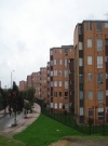 Imagen de conjunto residencial de apartamentos, a su lado izquierdo tiene una vía vehicular local y en su parte intermedia una pequeña zona verde. 